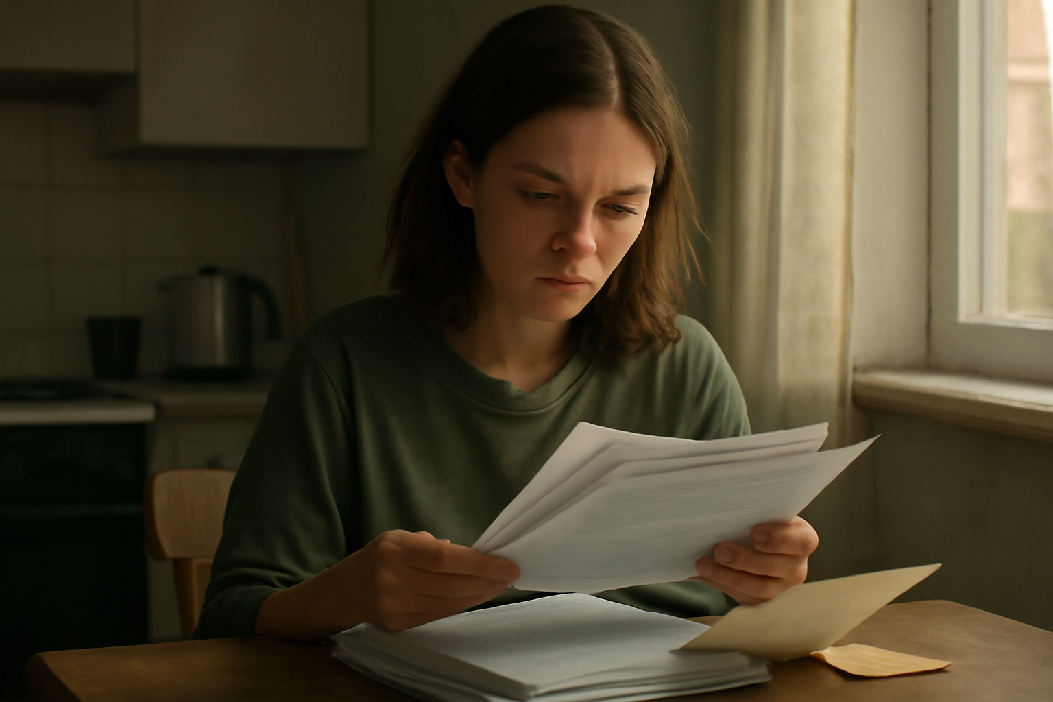 A young woman reads through a stack of personal case file documents at her kitchen table
