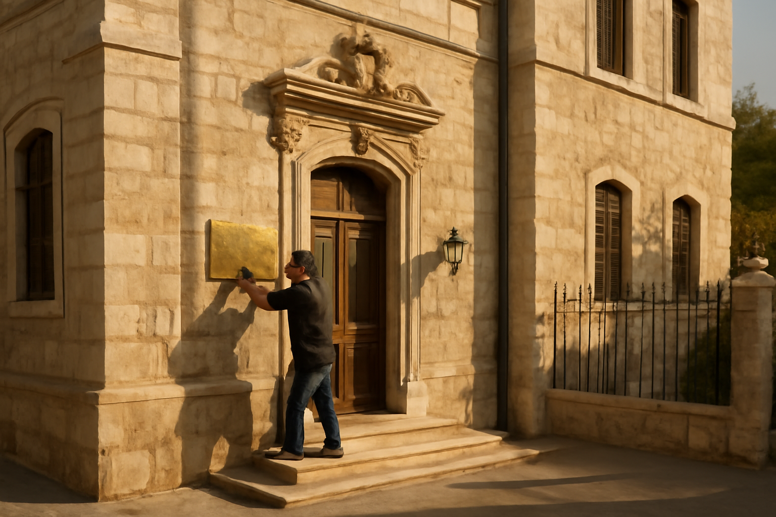 Exterior of a stone diplomatic building in East Jerusalem with an empty space where a consulate sign once hung