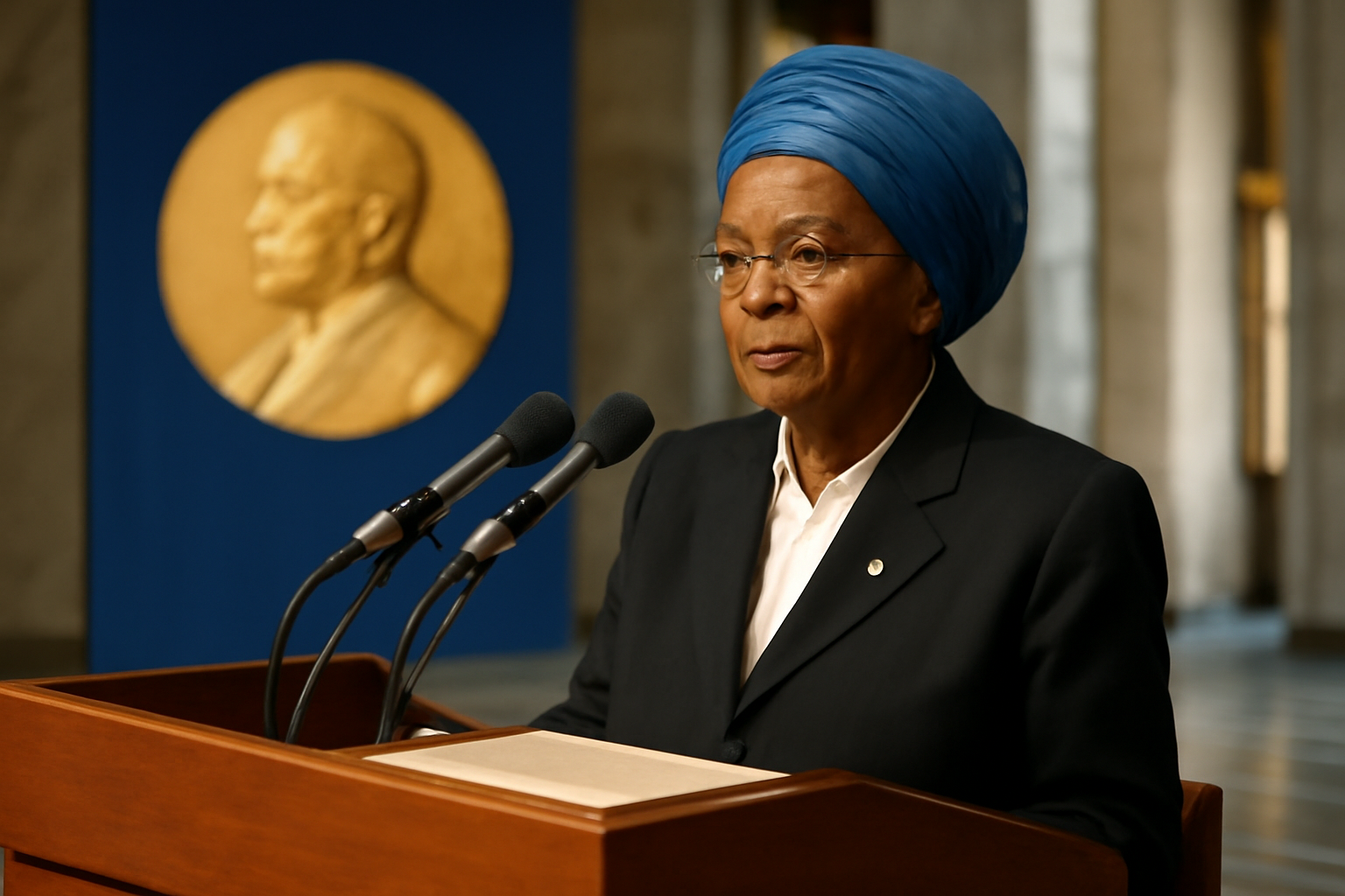 Navi Pillay speaking at a podium after being named Nobel Peace Prize winner