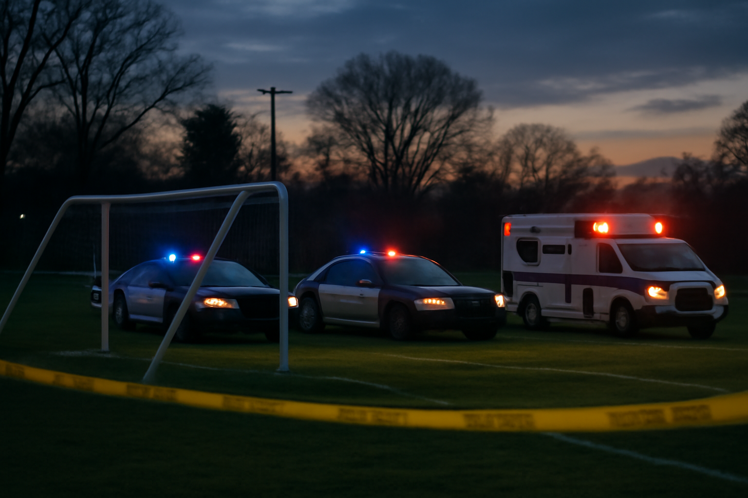 Emergency vehicles parked beside a youth soccer field at a Wichita sports complex after a vehicle crash.