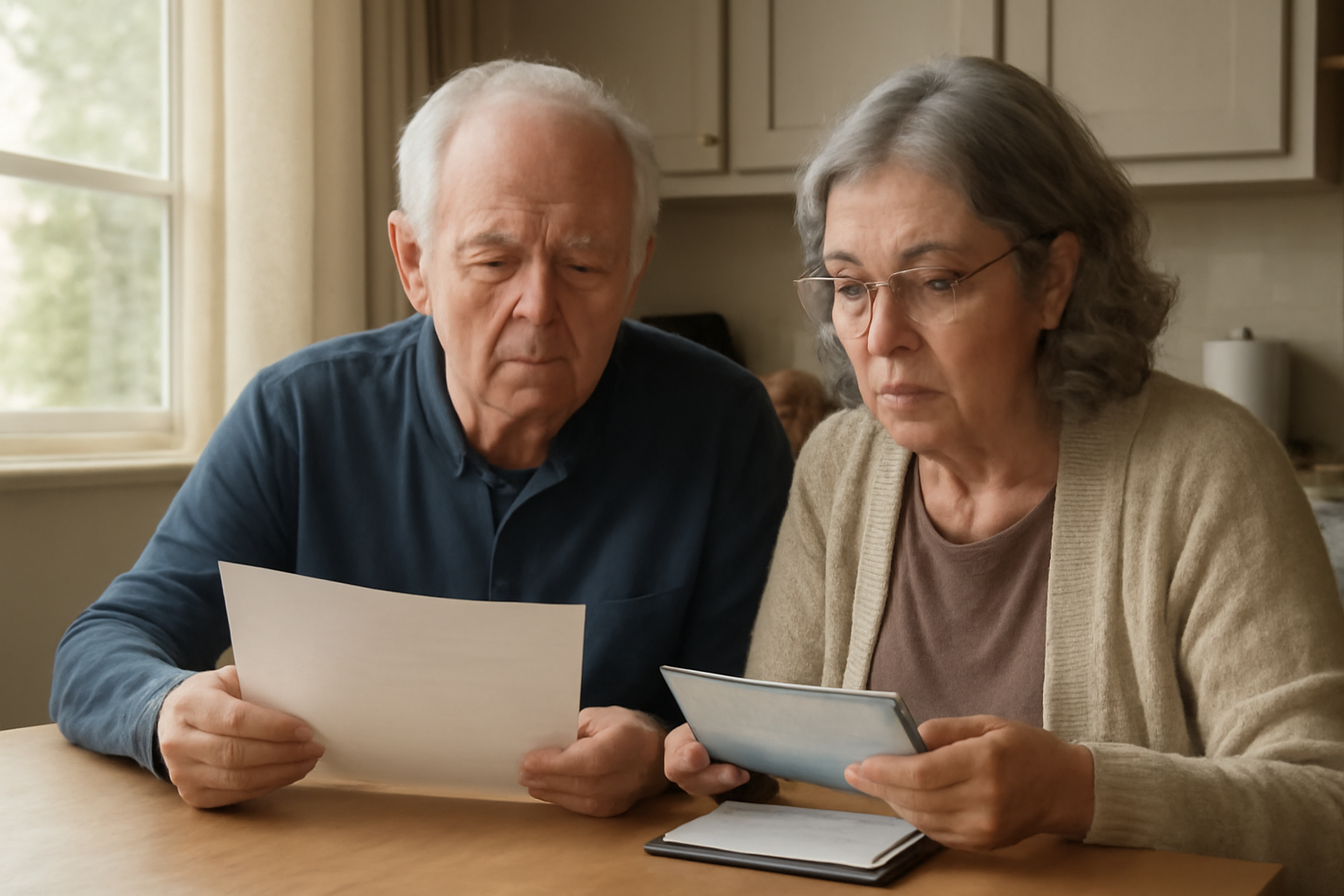 Elderly couple reviewing a Medicare benefits letter at a kitchen table