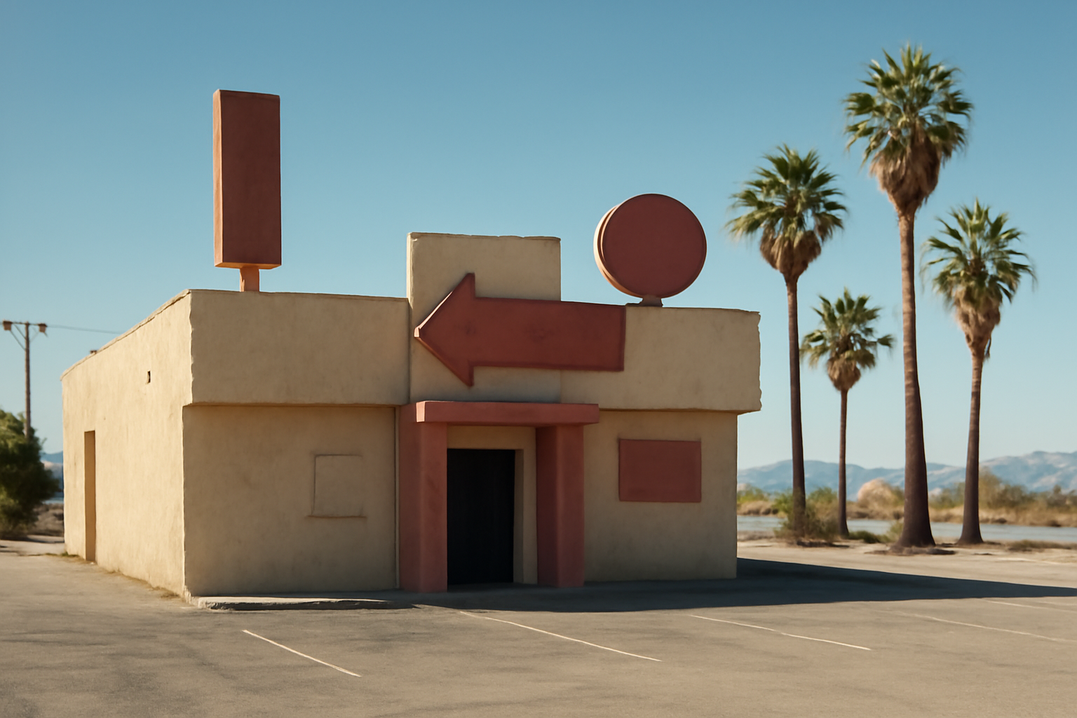Sun-bleached exterior of a roadside American strip club with an empty parking lot in front