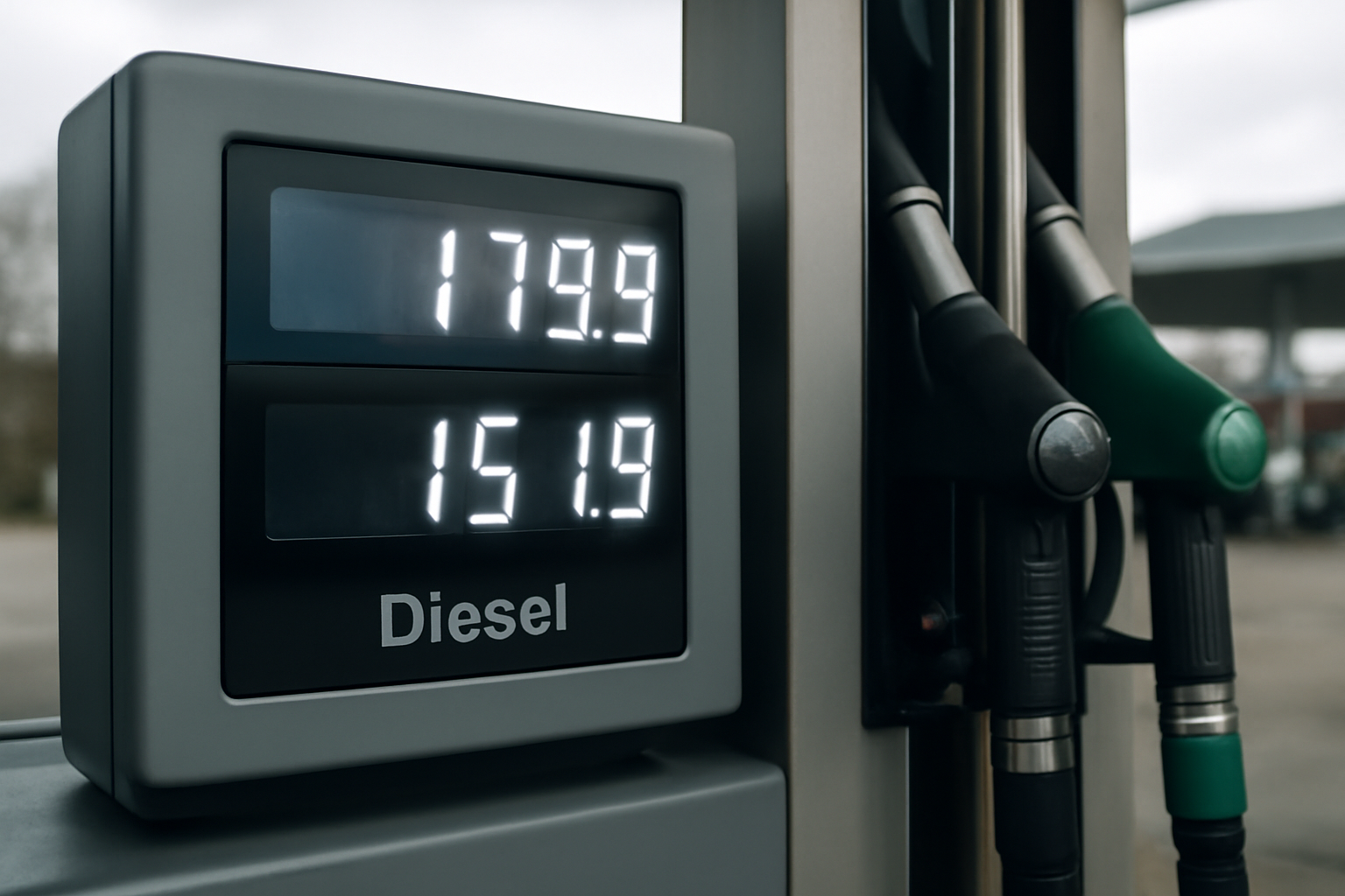 A fuel pump display showing diesel and petrol prices at a UK filling station