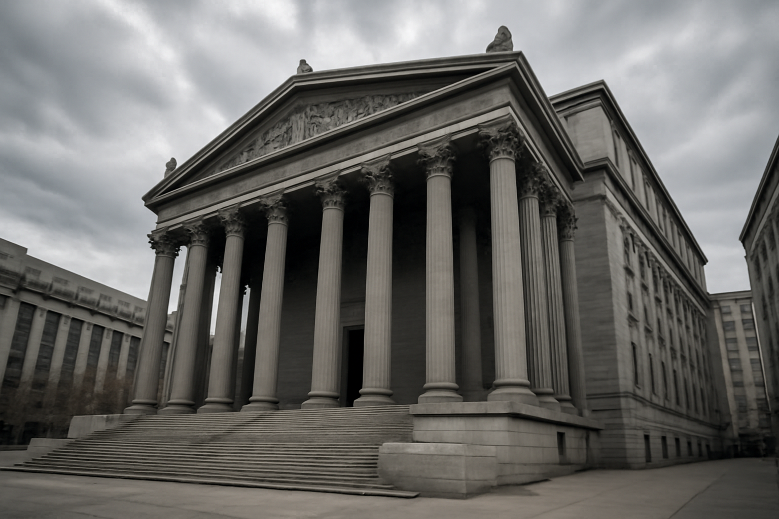 Exterior of a Manhattan criminal courthouse with steps and columns under overcast sky