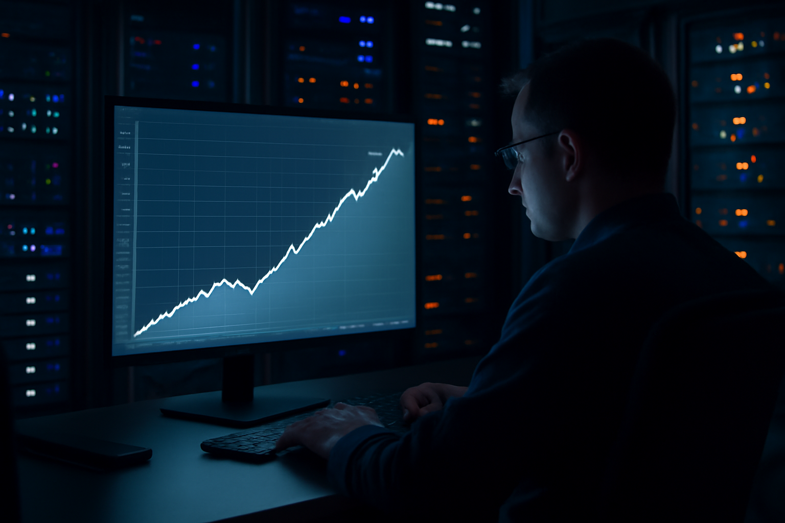 A security analyst's monitor displaying a rapidly climbing chart of software vulnerability counts against a dark server room background
