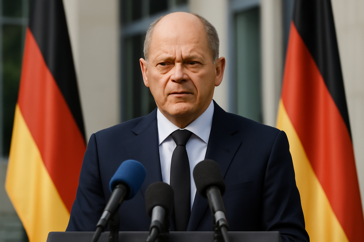 Chancellor Friedrich Merz speaking at a podium during a press appearance in Berlin