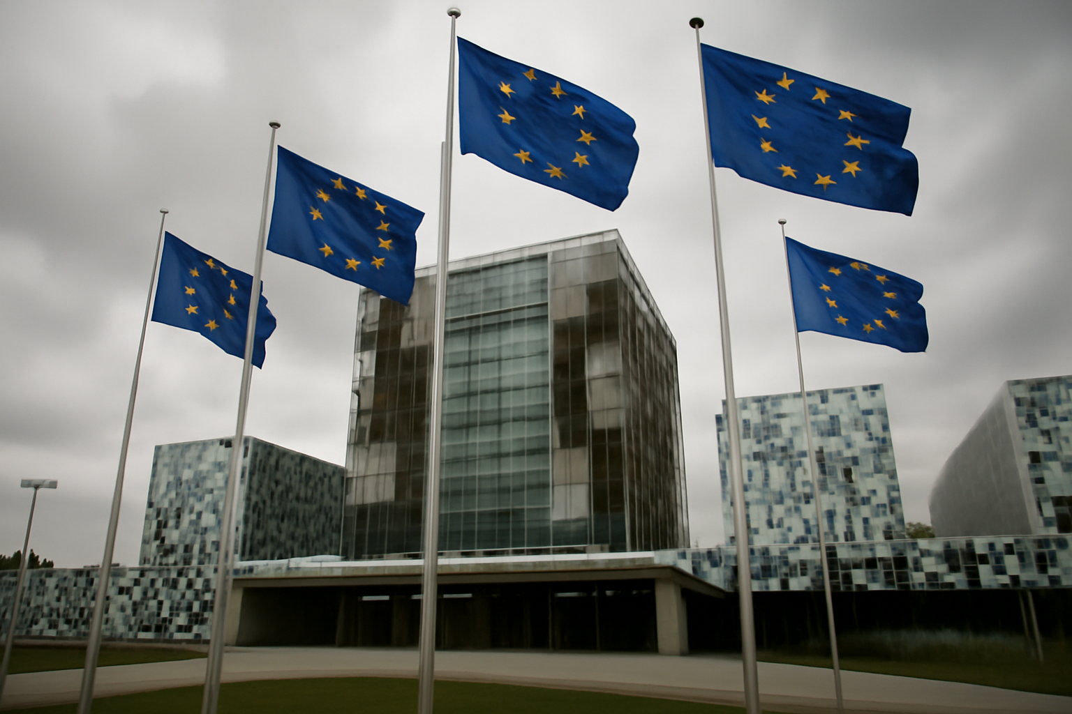 Exterior of the International Criminal Court building in The Hague with European Union flags visible nearby