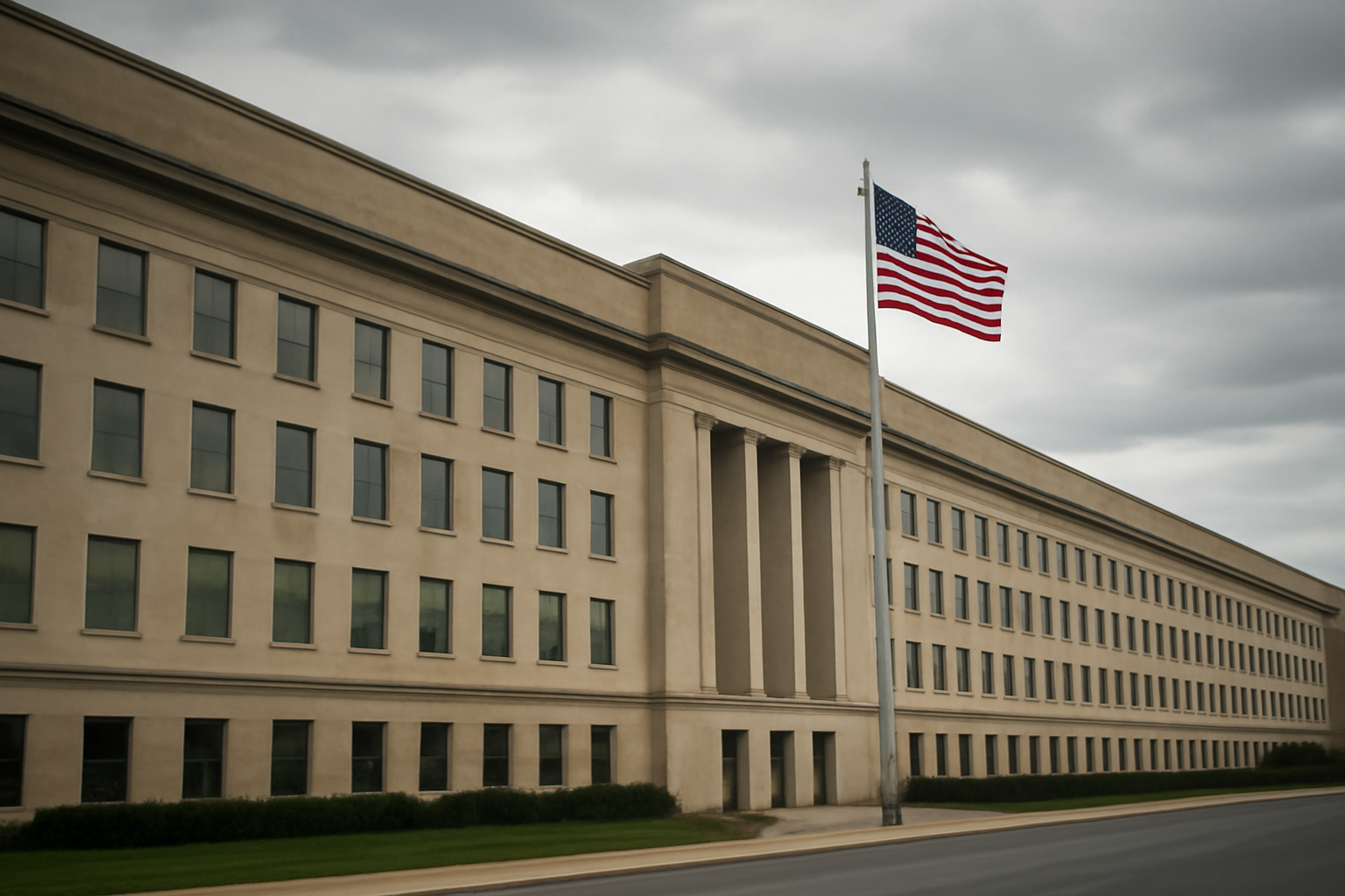 Exterior of the Pentagon building under an overcast sky with an American flag