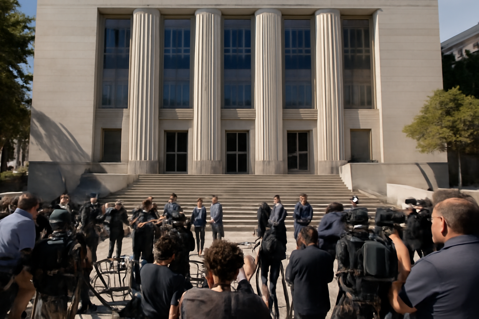 Exterior of a Los Angeles courthouse with reporters gathered outside