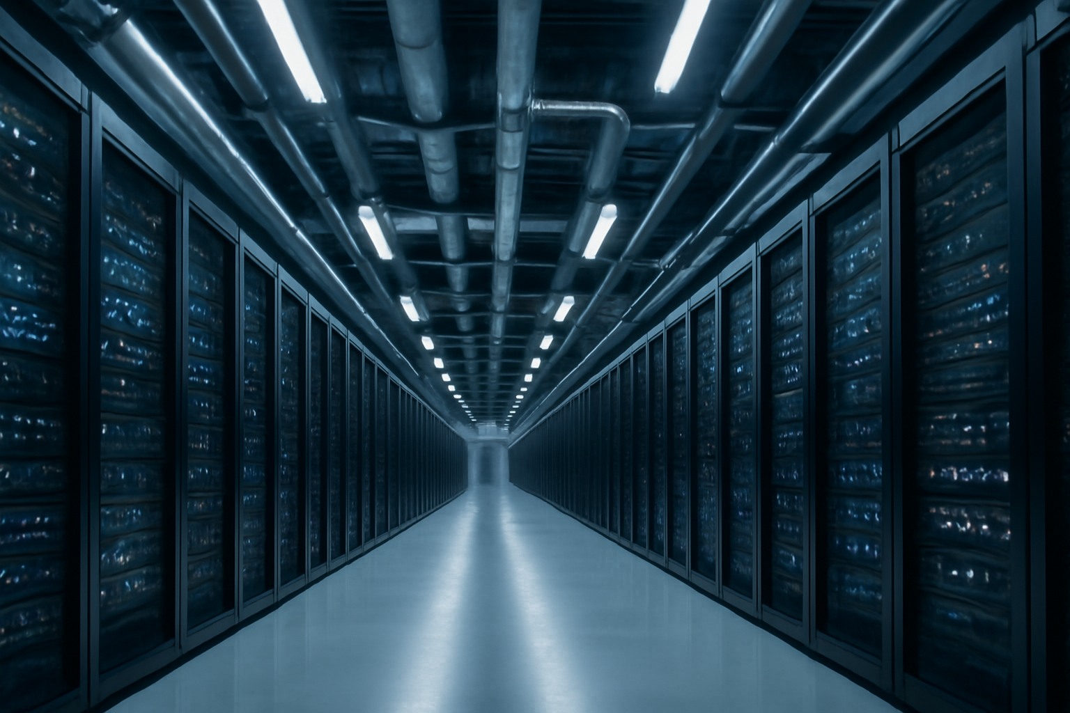 Rows of server racks with blinking lights inside a large industrial data centre building