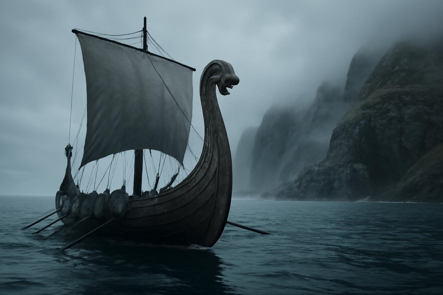 A Norse longship approaching a rocky, fog-covered North Atlantic coastline resembling present-day Canada