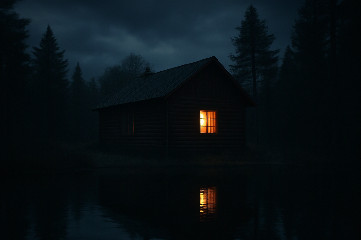 A dark lakeside cabin at night with a single lit window, evoking a horror television setting