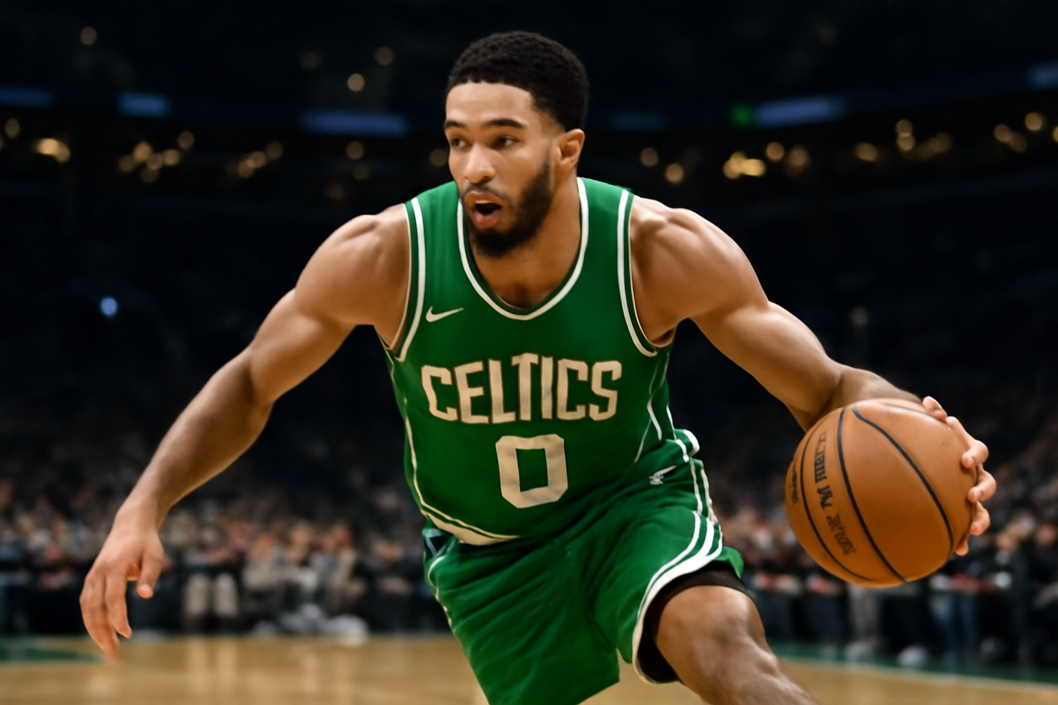 A Boston Celtics guard dribbling the basketball during a game at TD Garden