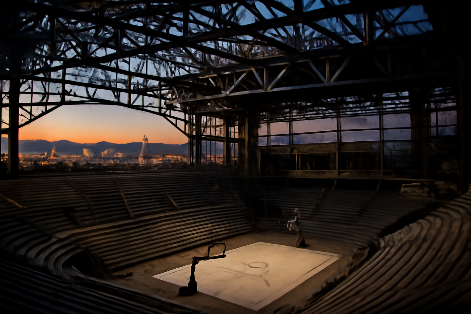 Empty NBA arena seating bowl under construction lighting in Las Vegas