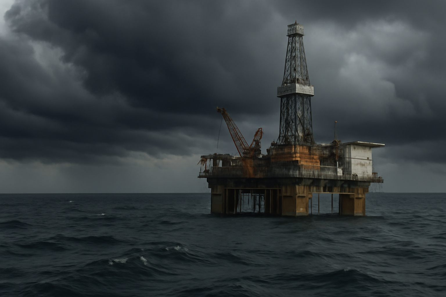 Offshore oil platform in the Gulf of Mexico with storm clouds gathering on the horizon