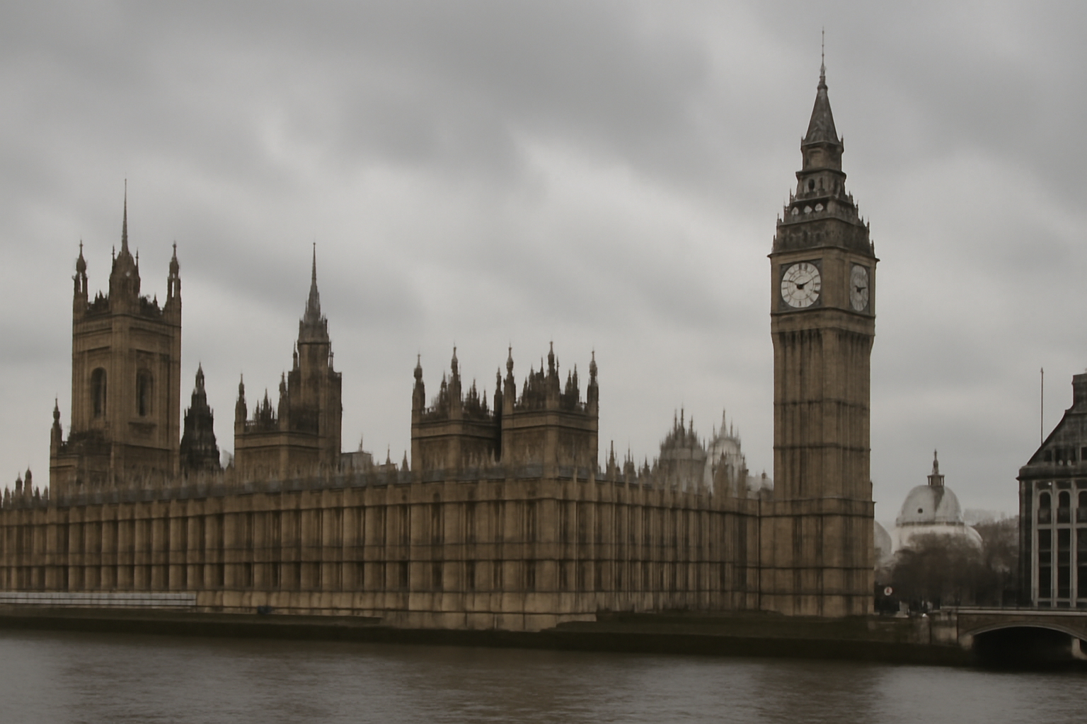 Exterior of the UK Houses of Parliament under an overcast London sky