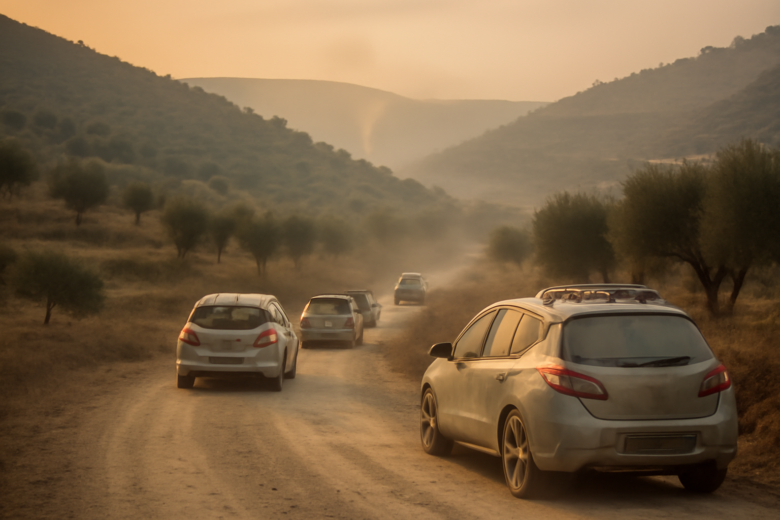 Smoke rising over olive groves in the West Bank as farmers evacuate on a rural dirt road