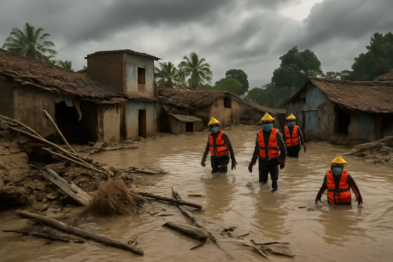Flood debris and mud surround houses along a riverbank in Nepal after monsoon flooding