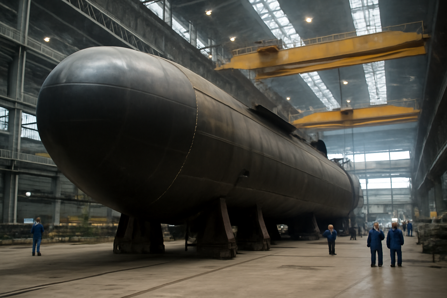 Submarine hull under construction inside an industrial shipyard facility
