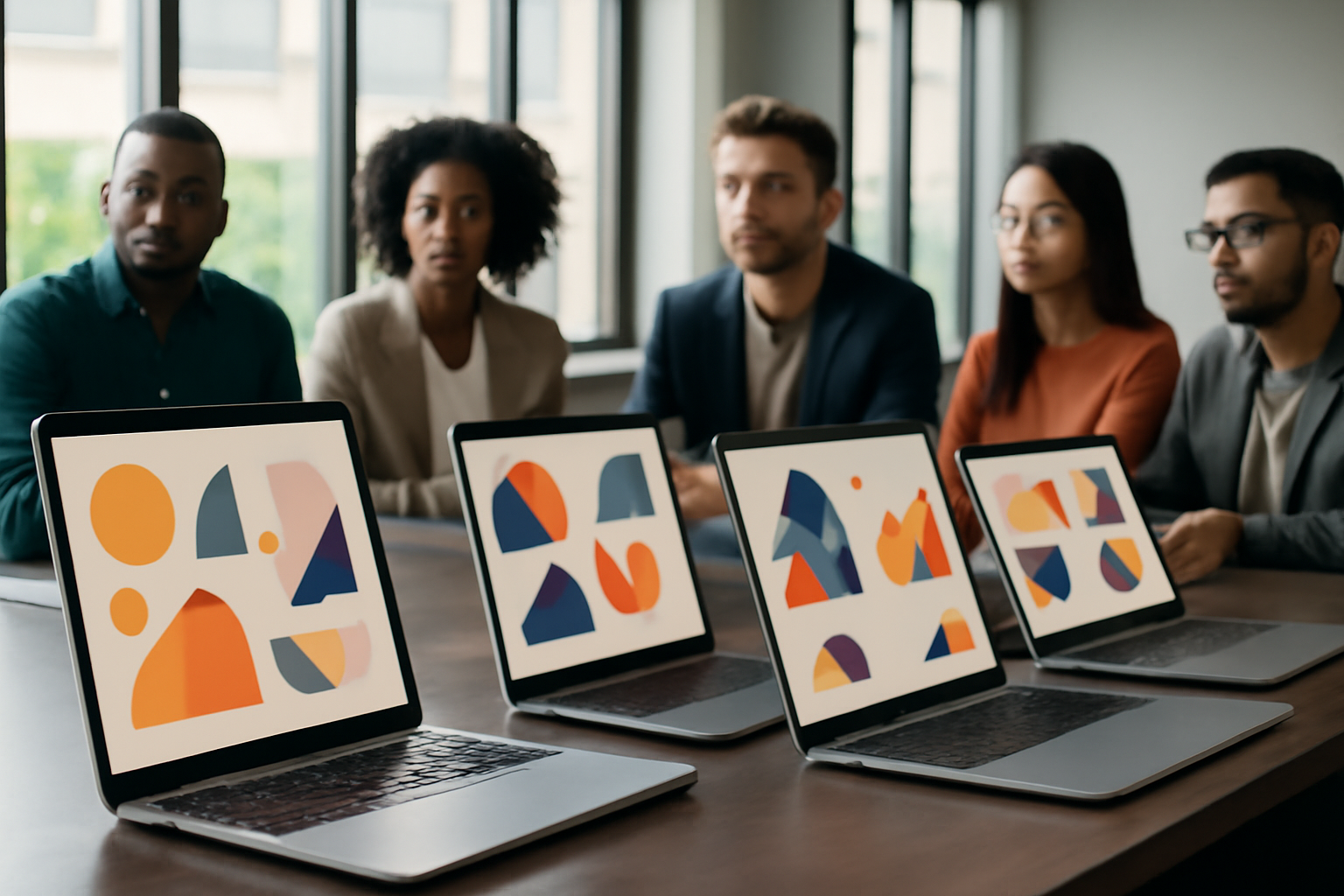 Row of laptops on a conference table displaying startup pitch decks during a venture cohort demo session