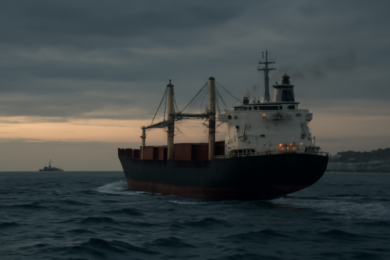 Cargo ship sailing at dusk near a coastal NATO member state's shoreline