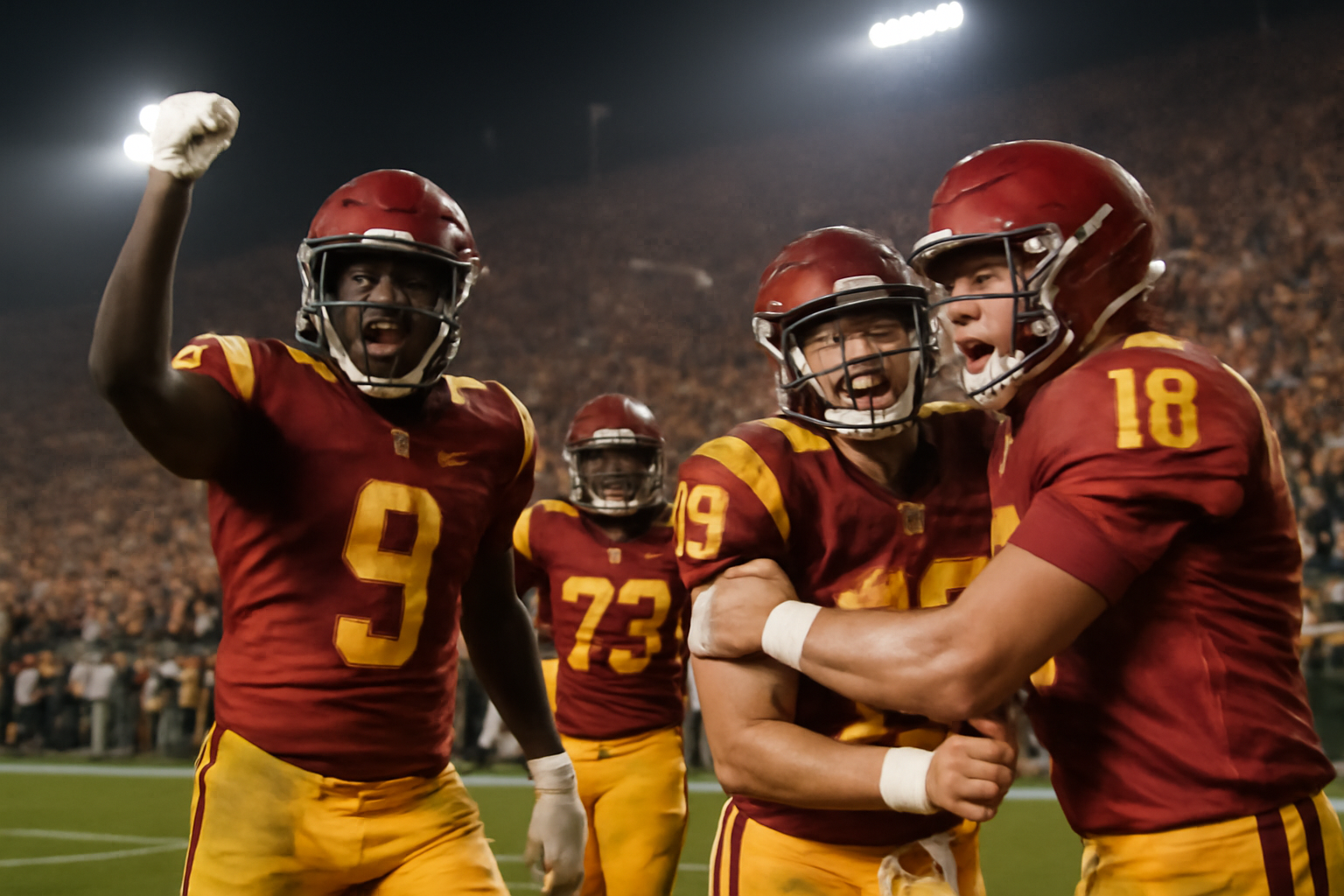 USC Trojans players celebrate a touchdown under stadium lights at the Los Angeles Memorial Coliseum