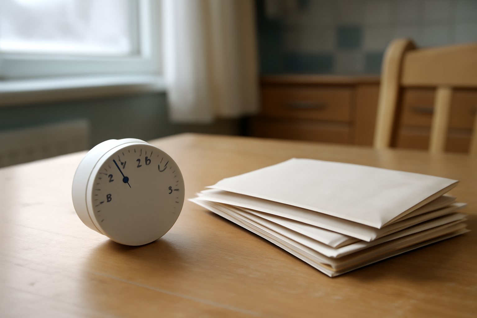 A household thermostat and stack of utility bills on a kitchen table in winter