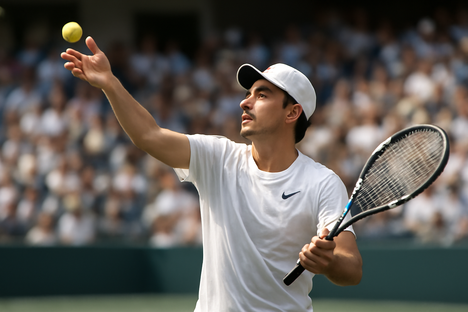 Tennis player with a new mustache serving during a Shanghai Masters match