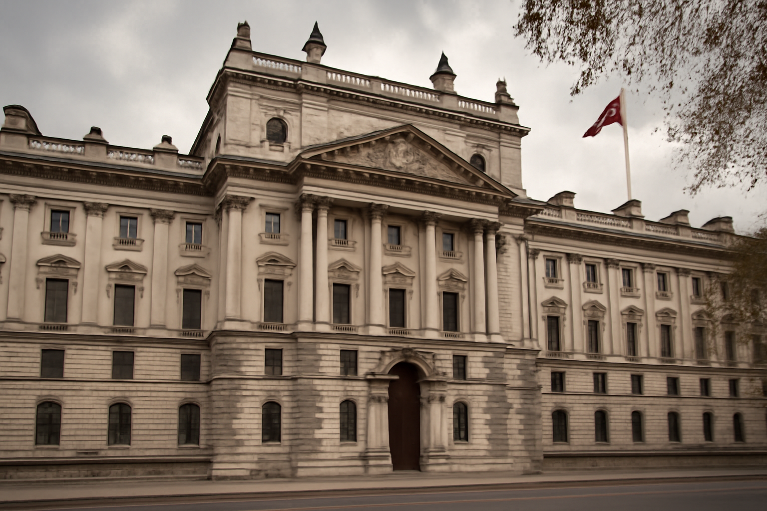 Exterior of the UK Treasury building in Westminster with the Union Jack flying