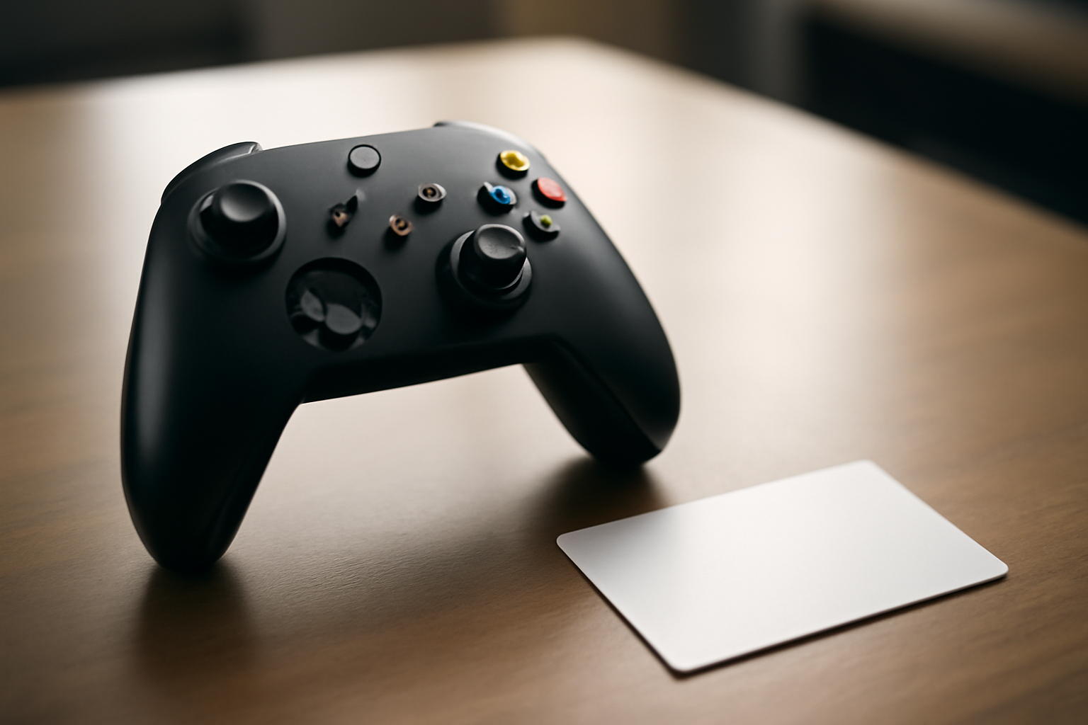 Black Xbox wireless controller next to a gift card on a desk