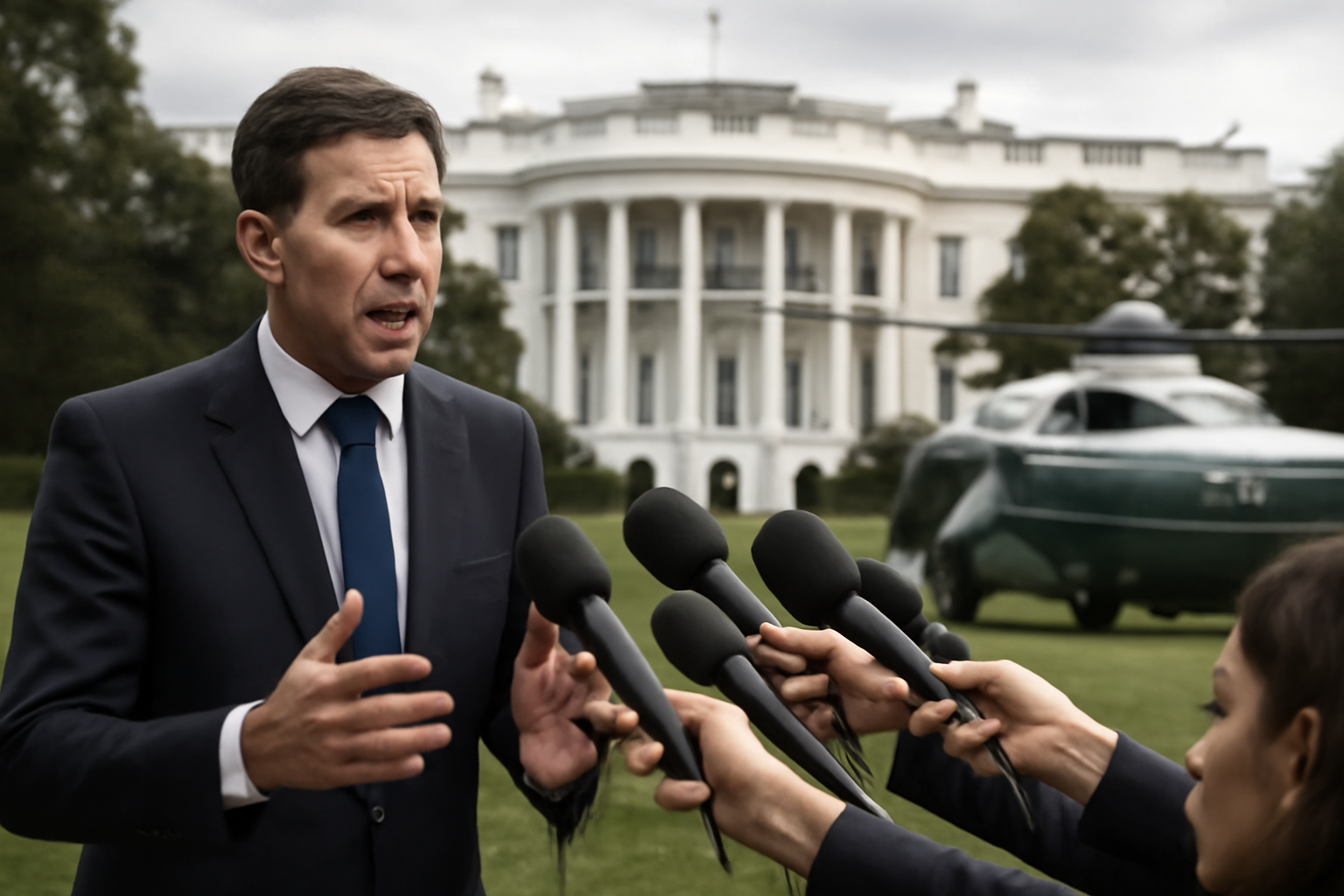 President speaking to a cluster of reporters outside the White House before departing for Ohio