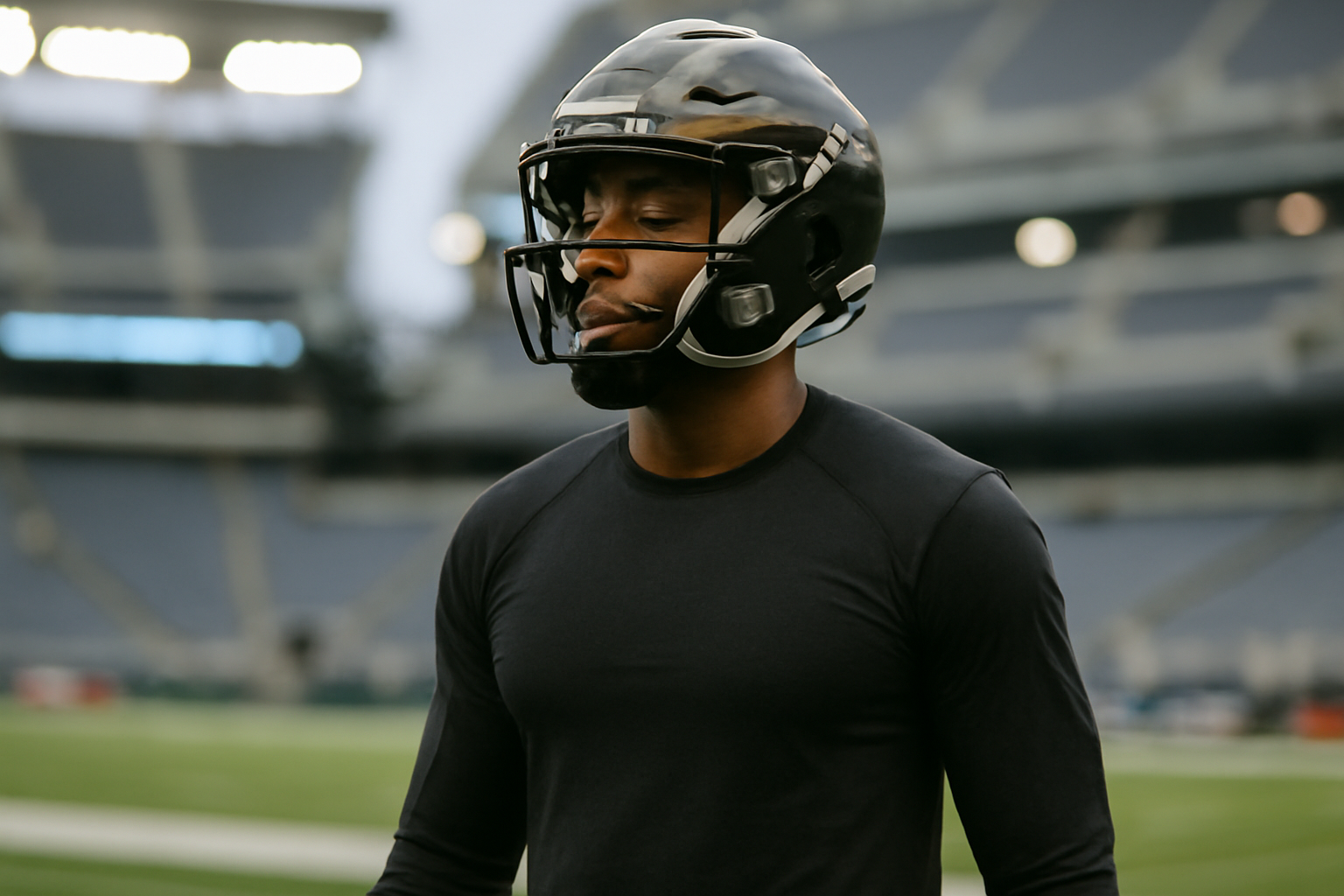 A football cornerback in a dark practice jersey standing on an NFL sideline during pregame warmups