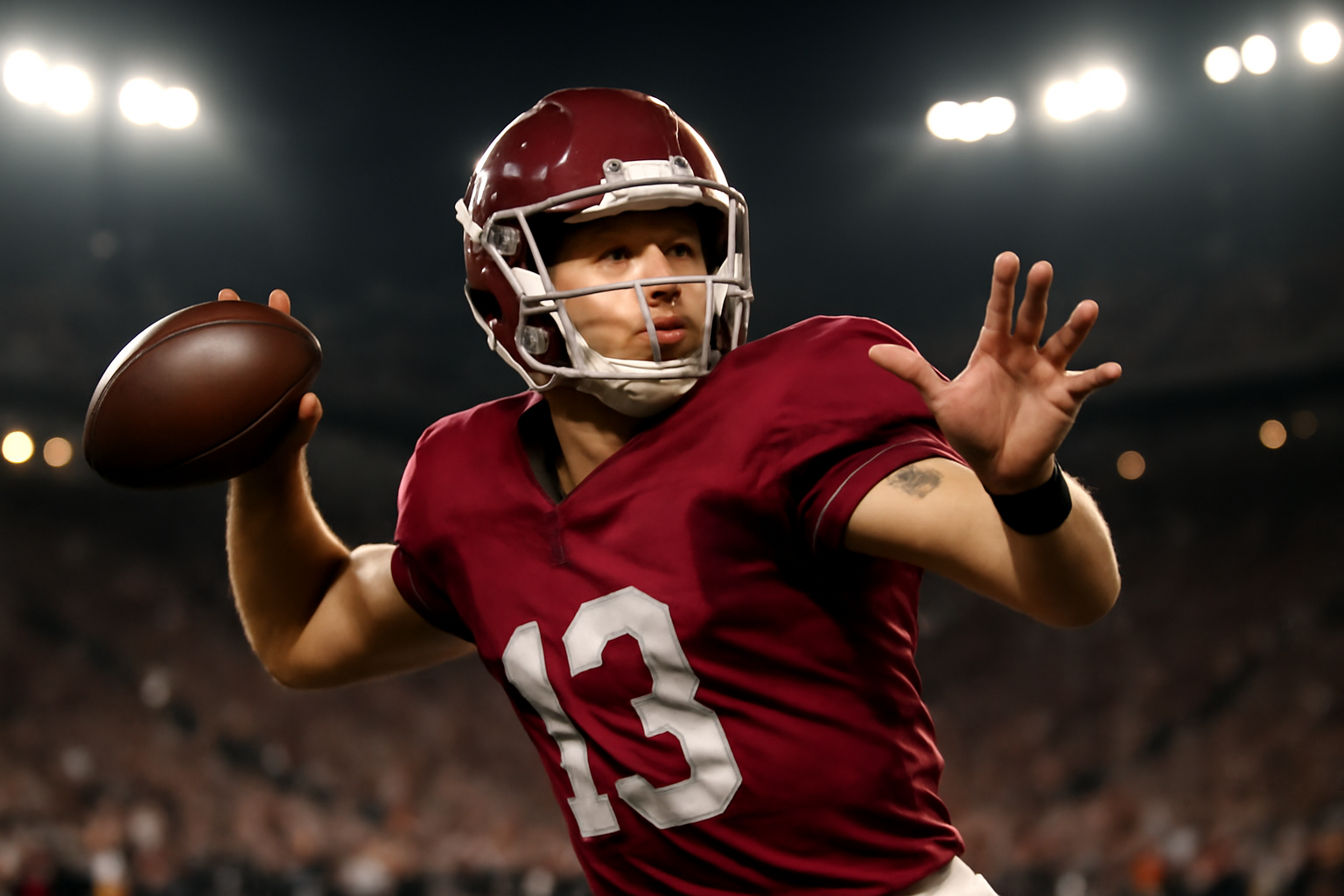 A college football quarterback in a crimson uniform releasing a downfield pass under stadium lights.
