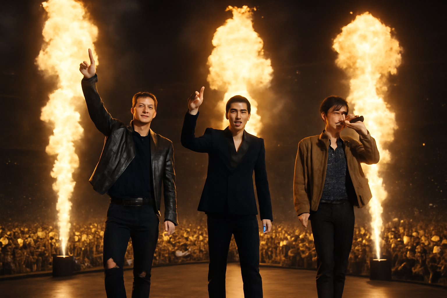 K-pop trio performing on a stadium stage with pyrotechnics and a crowd holding yellow light sticks