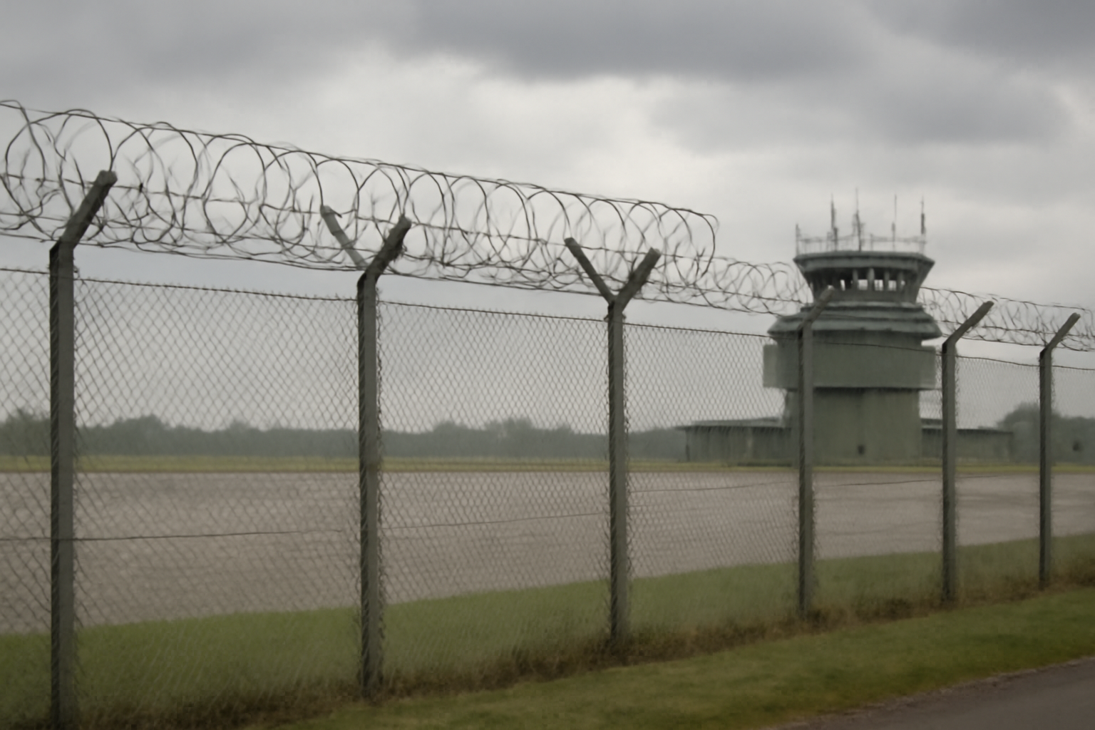 Exterior view of a military airbase perimeter fence under overcast sky