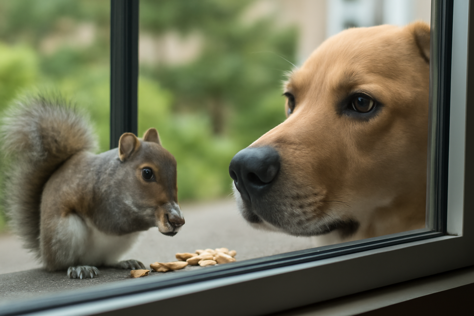 A dog presses its nose against an office window watching a squirrel eat peanuts outside.
