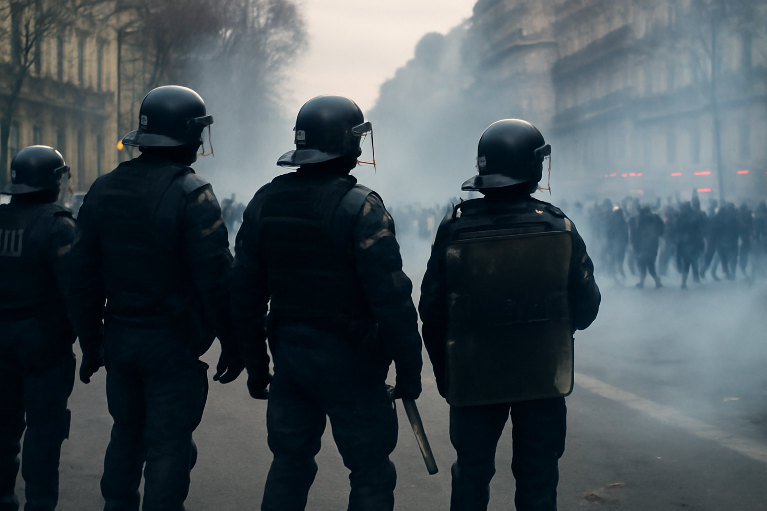 Riot police in protective gear facing a crowd of protesters on a smoke-filled Paris street