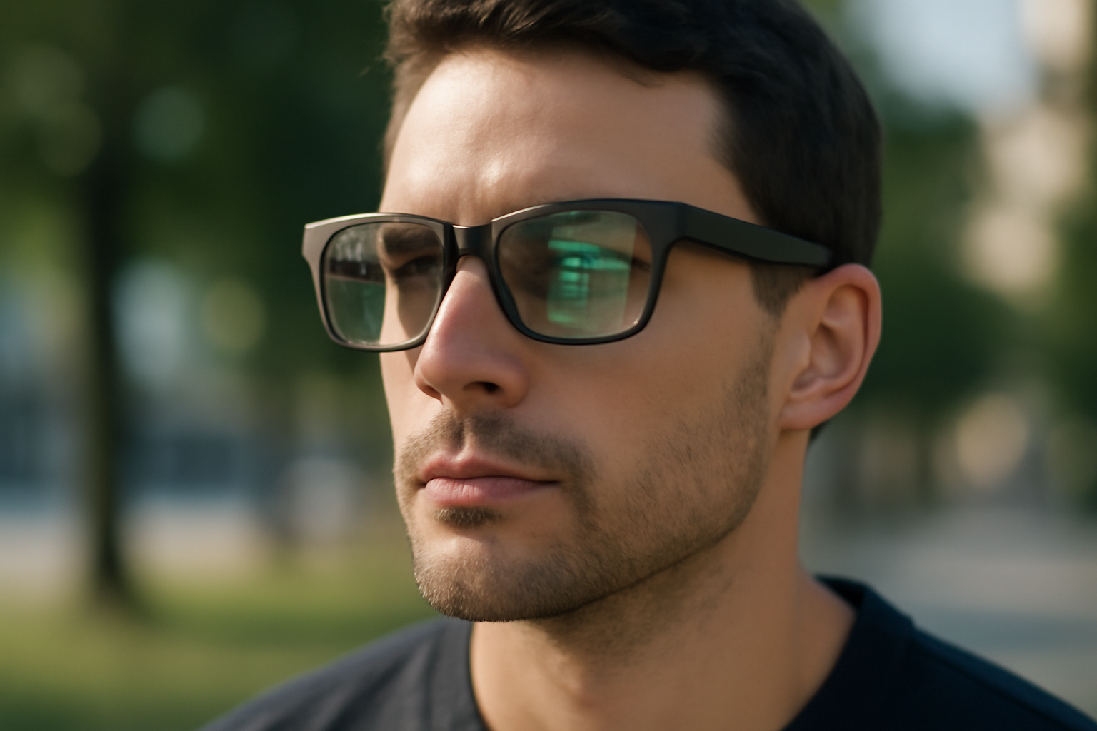 Person wearing smart glasses with a translucent AI interface overlay in an outdoor setting