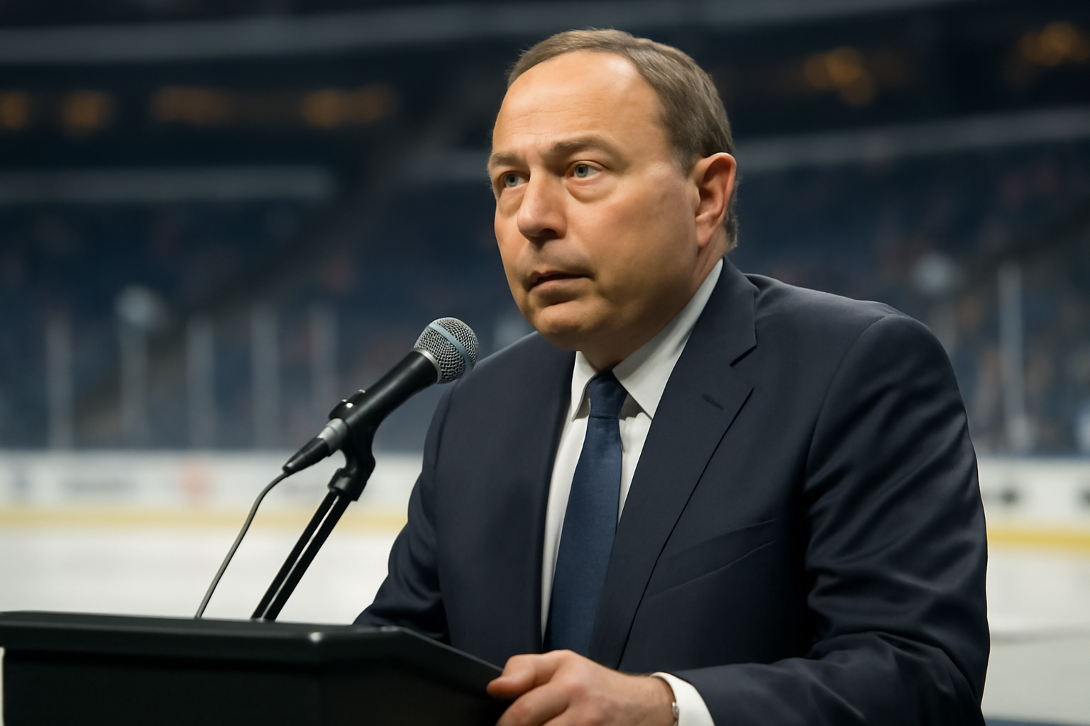 NHL commissioner Gary Bettman speaking at a podium during a league press session