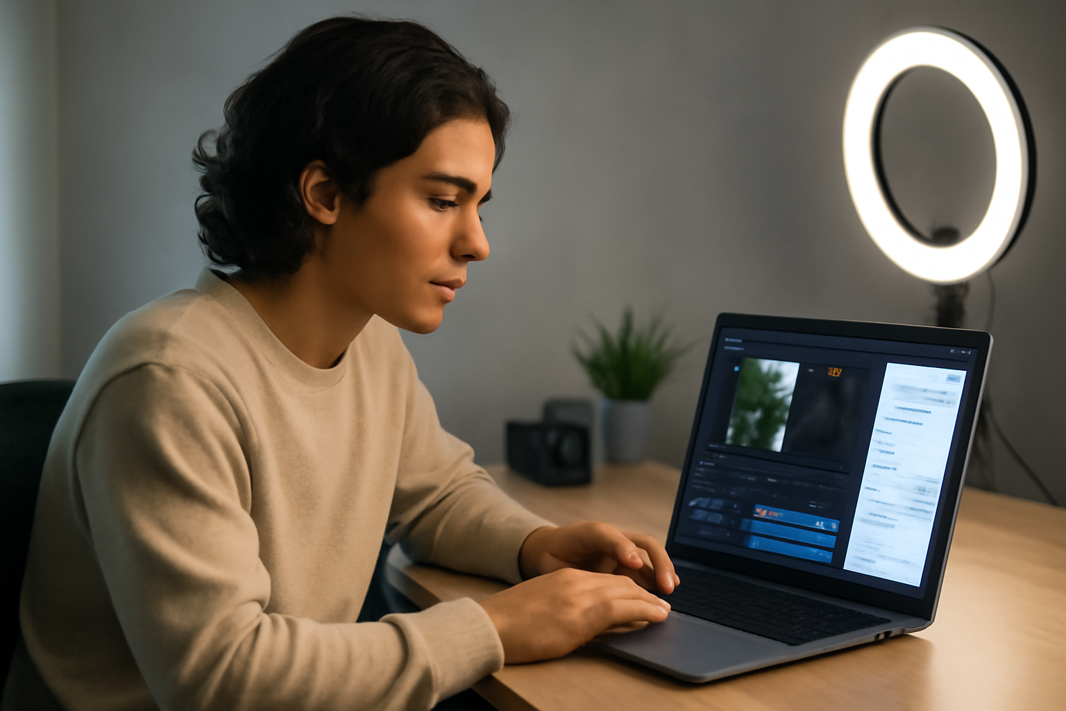 A content creator sits at a desk reviewing video clips on a laptop screen showing a chat-style editing interface