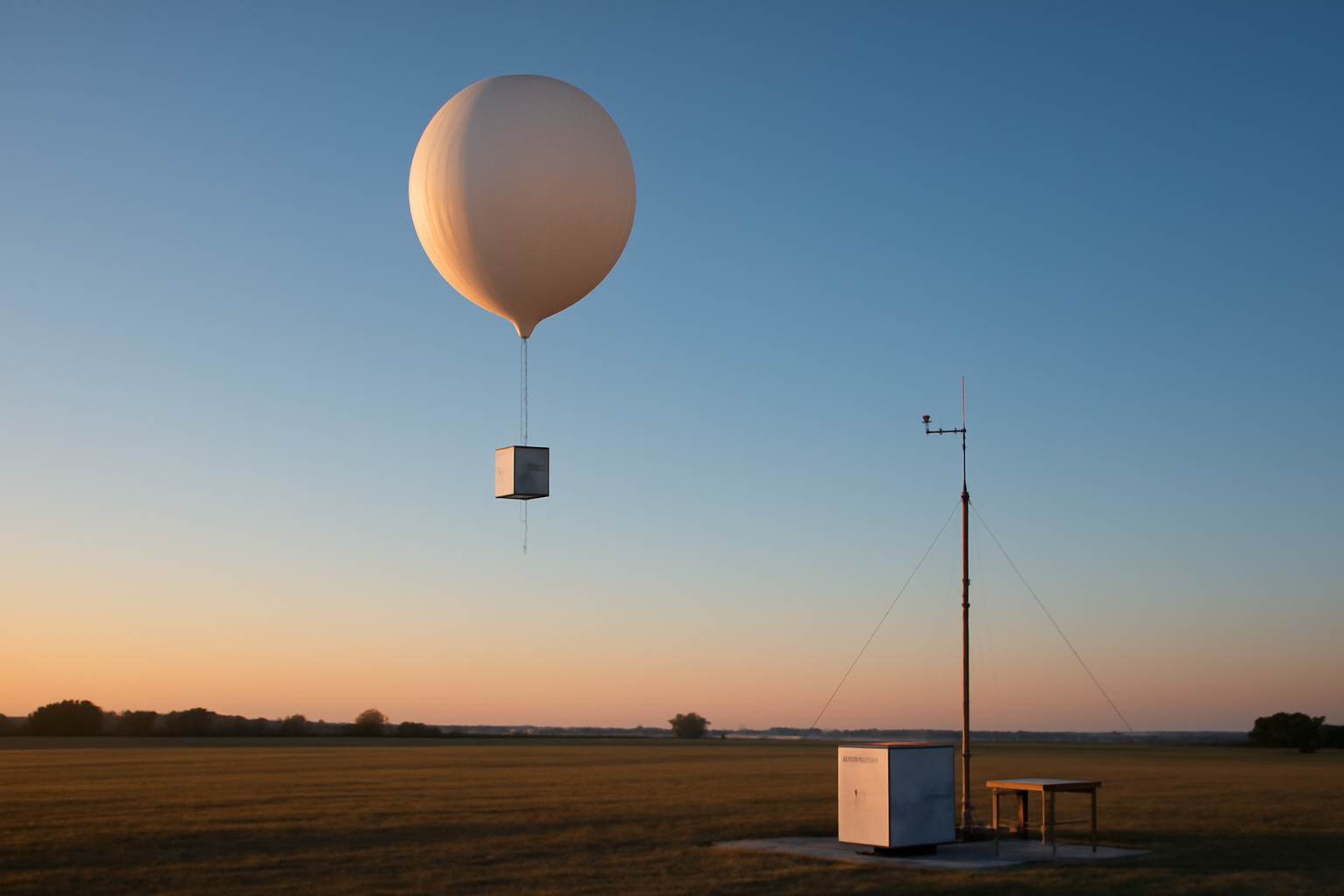 A weather balloon with sensor equipment rising into a clear sky above a research facility