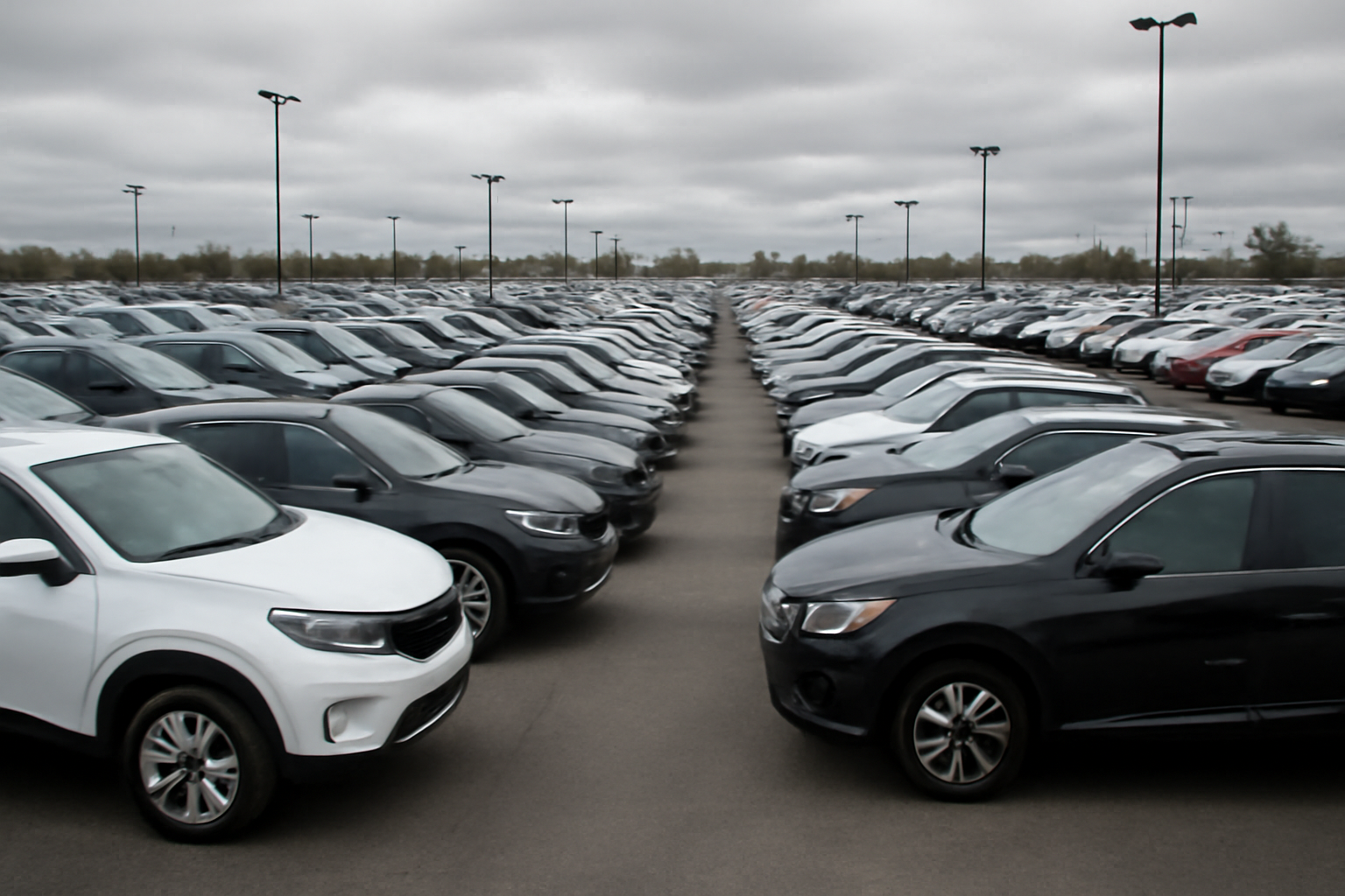 Rows of new SUVs and sedans on a dealership lot under overcast sky