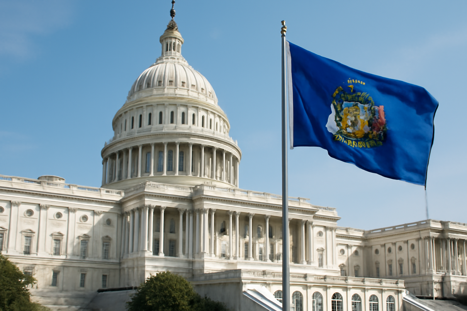 U.S. Capitol dome under a clear sky with the Wisconsin state flag visible in the foreground