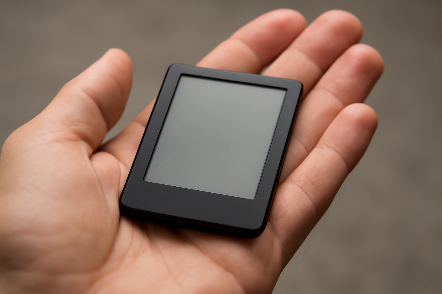 A palm-sized black e-reader with a small monochrome screen resting on an open palm next to a playing card for scale