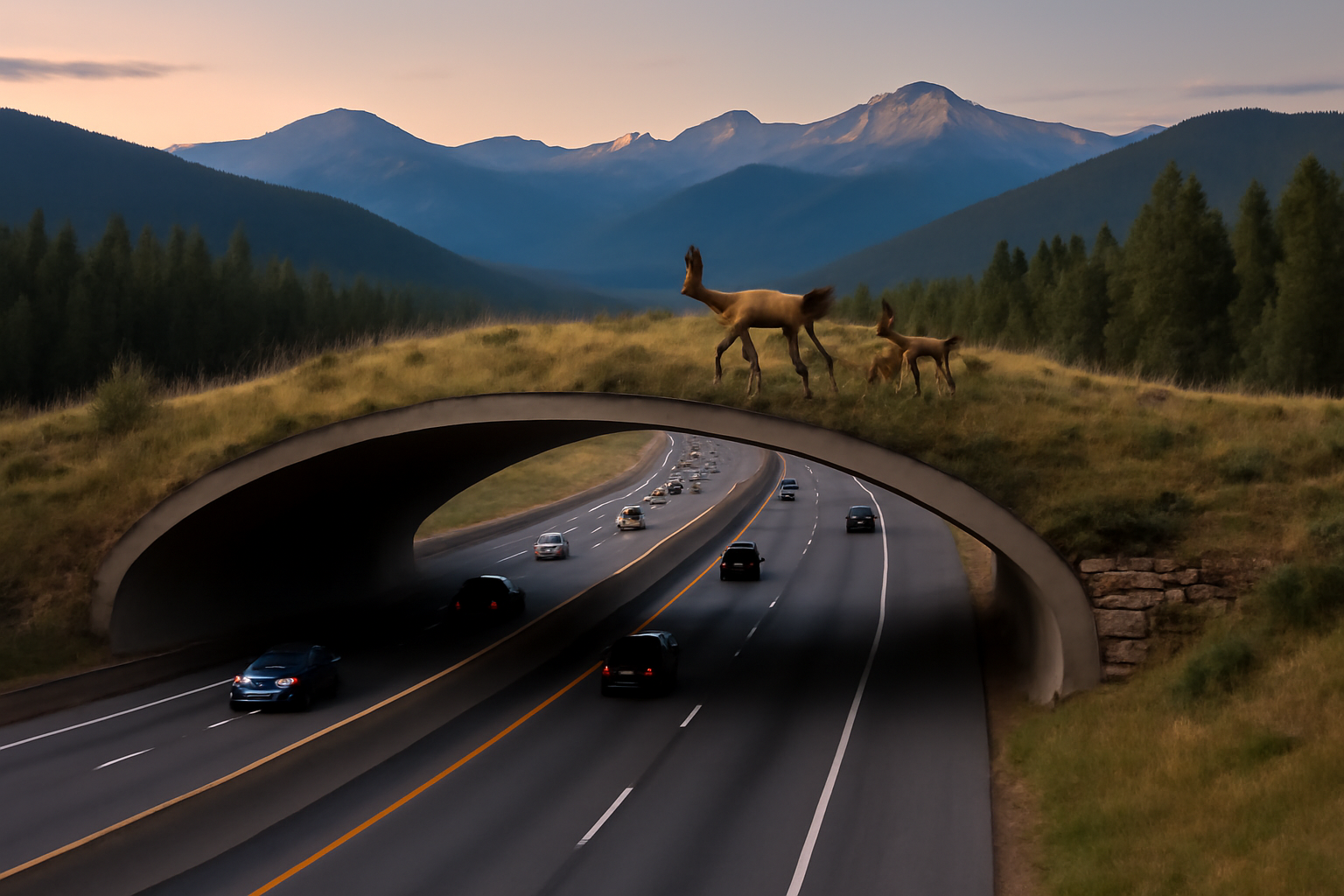 An elk and her calf cross a grass-covered wildlife overpass above a Colorado interstate