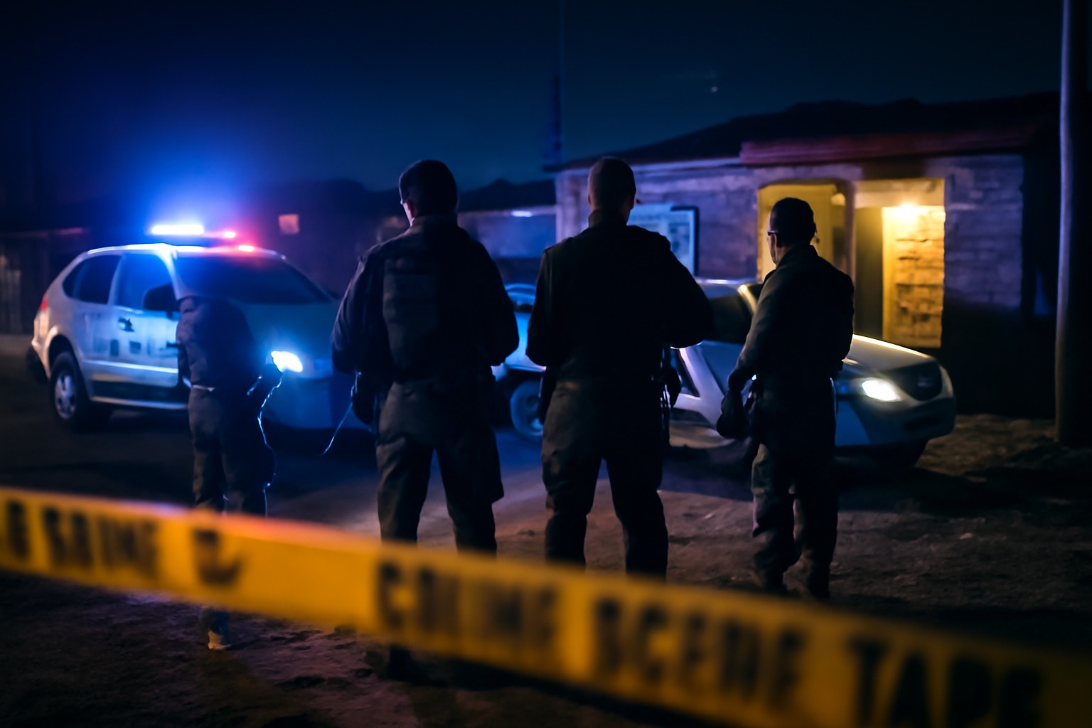 Armed security forces standing near police tape at a nighttime crime scene in South Africa