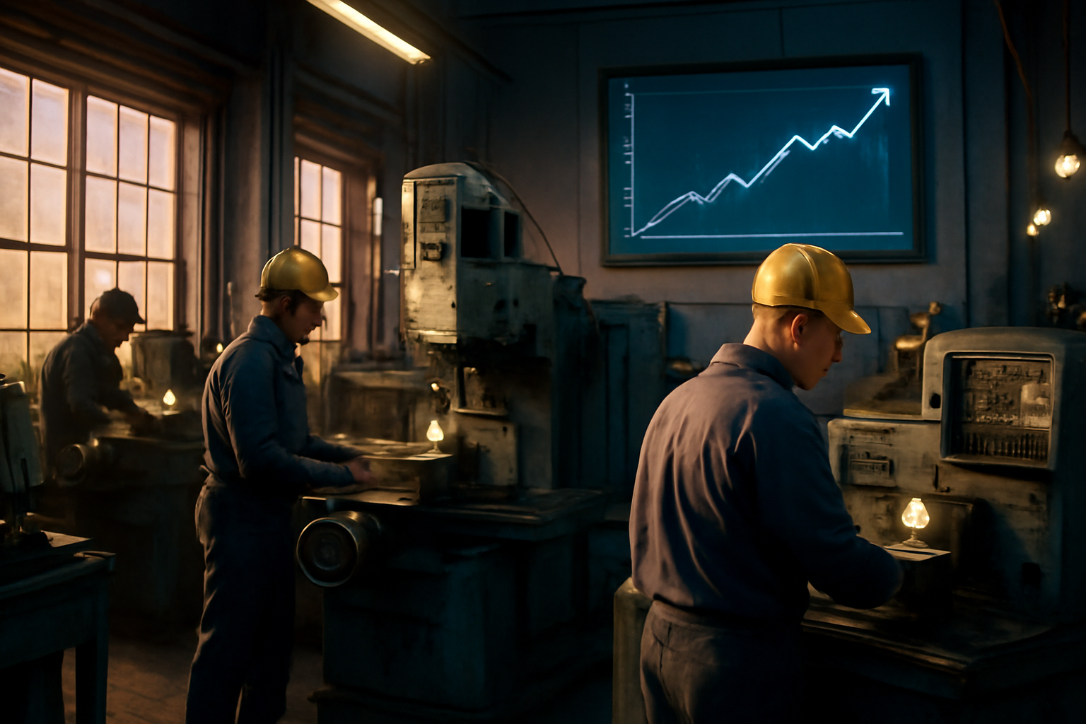 Factory floor with workers operating machinery beneath a large digital display showing rising output charts