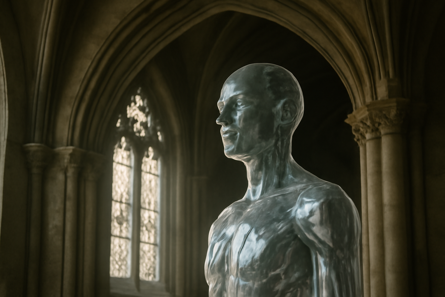 A translucent humanoid AI figure standing beneath a cathedral archway in soft morning light