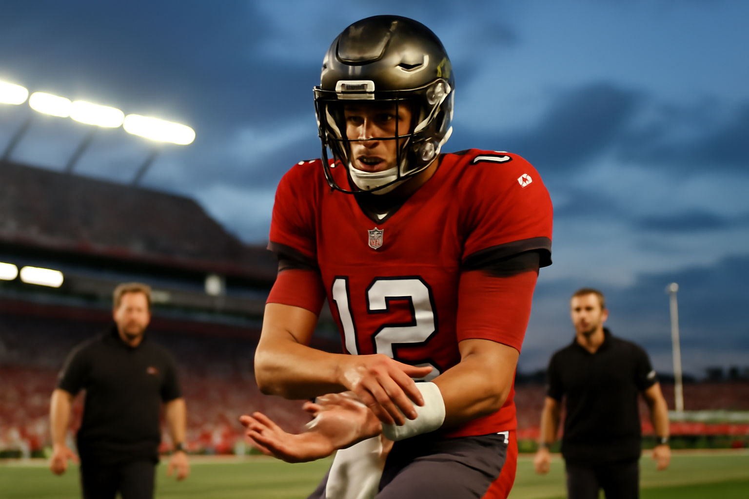 A football quarterback in a Buccaneers uniform grimacing while holding his right hand on the sideline