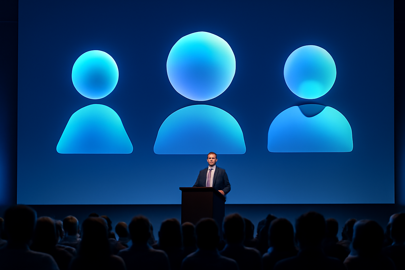 A presenter on stage at a tech conference keynote with a large screen displaying AI assistant avatars